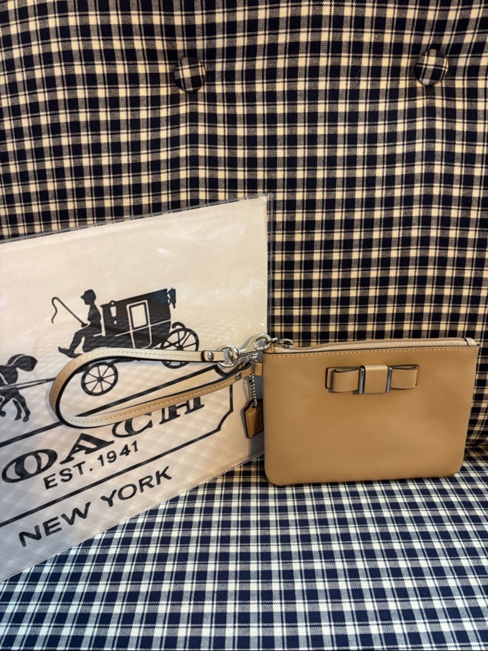 Coach Darcy Pebble Leather Wristlet in Tan with Bow Accent